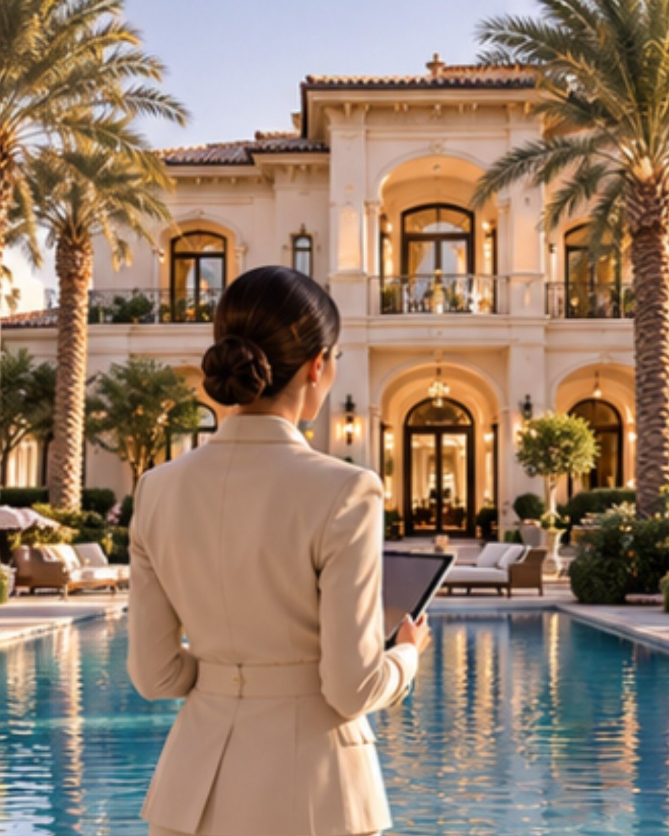 An estate manager in a cream suit with a tablet, beside the pool of a Mediterranean-style villa